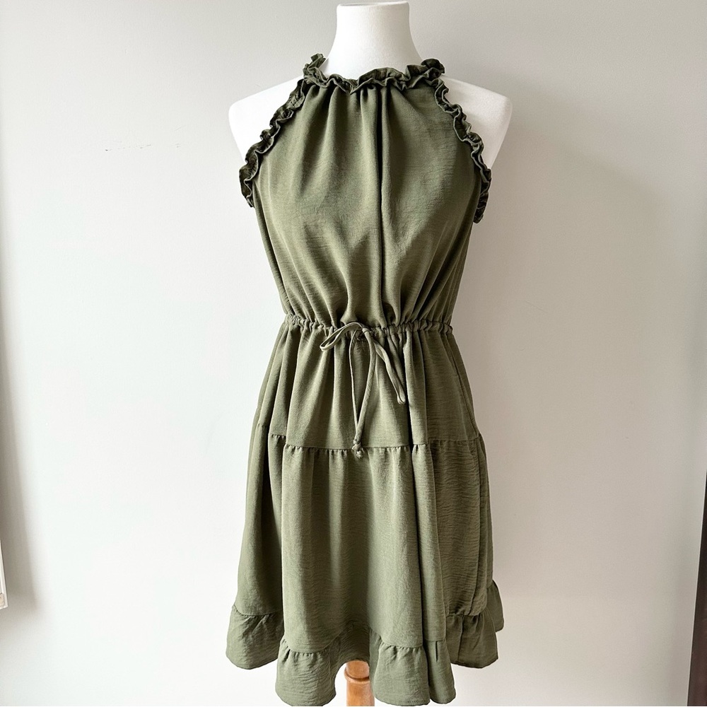 Gibsonlook Green Halter Ruffle Drawstring Waist Dress Size Small